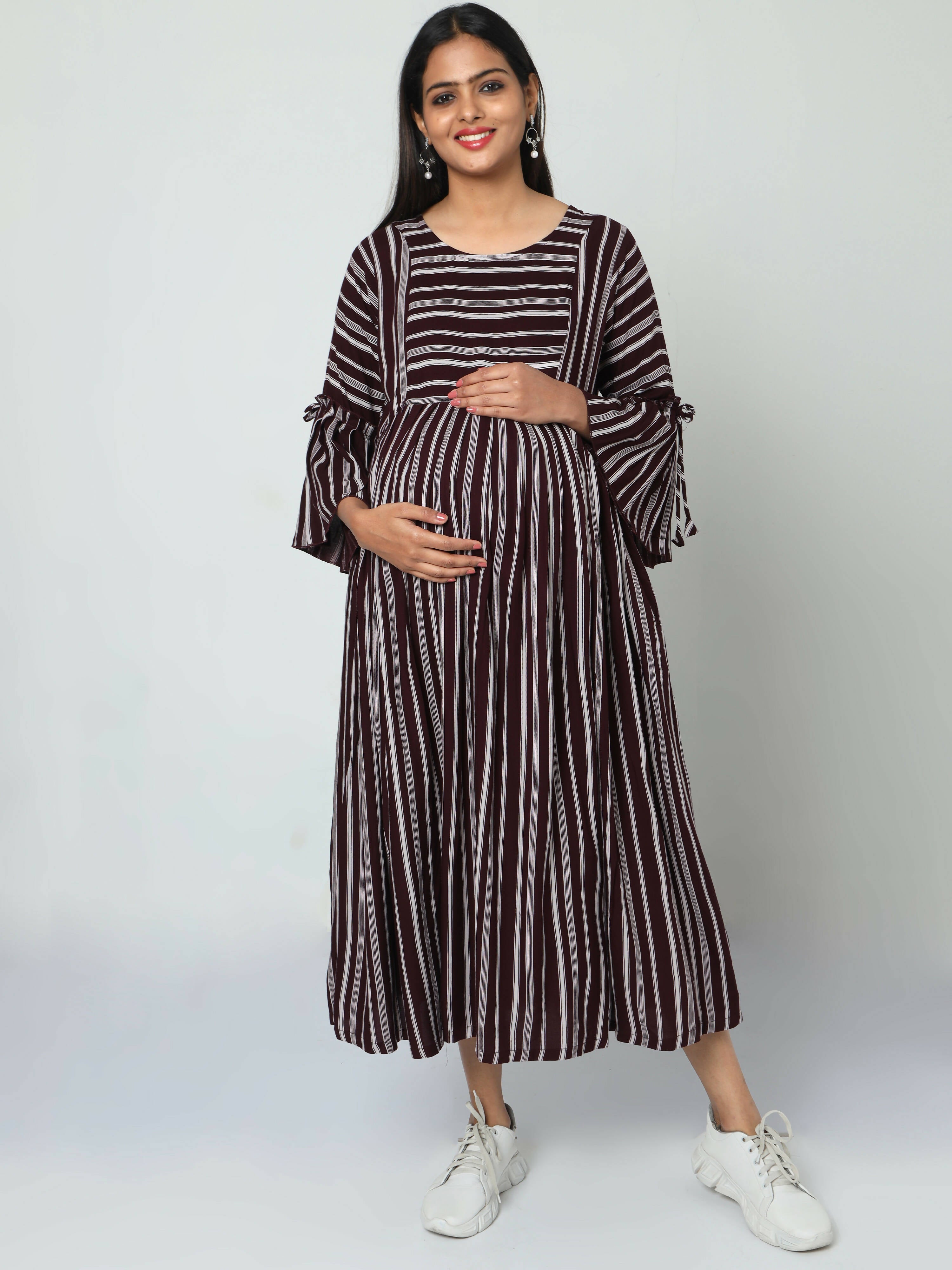 Manet Three Fourth Maternity Dress Striped With Concealed Zipper Nursing Access - Brown | Grocsy