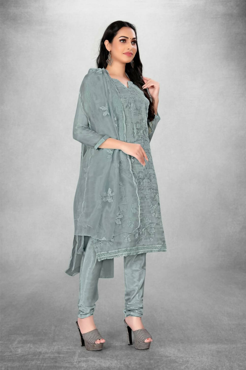 Grey Heavy Organza Silk Embroidered Unstitched Dress Material - Amara | Grocsy