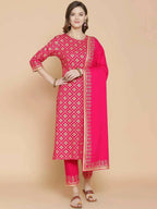 Vamika Foil Print Cotton Pink Party Wear/Casual Wear Kurta Set/Suit | Grocsy