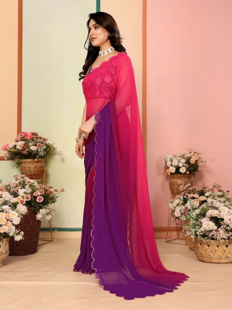 Aafreen Partywear Designer Dark pink & Purple Georgette Fancy Saree | Grocsy