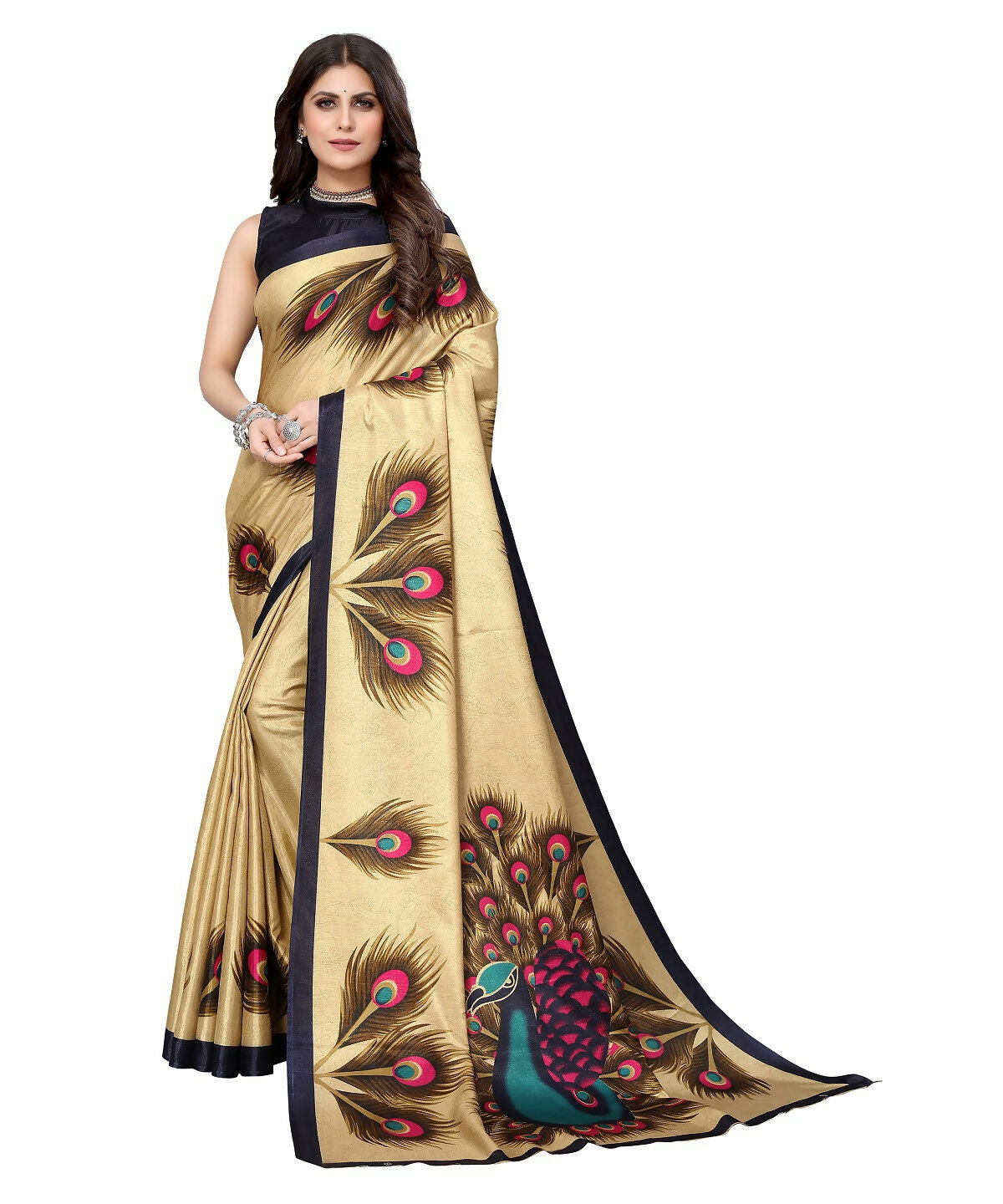 Vamika Golden Cream Printed Art Silk Saree | Grocsy