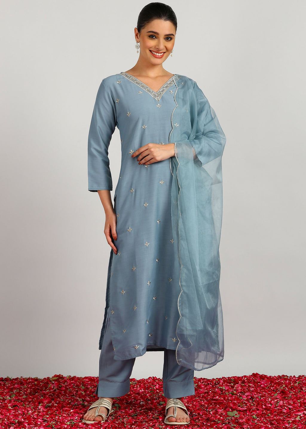 Aavyora Women's Sky Grey Embroidered Kurta Set with Dupatta | Grocsy
