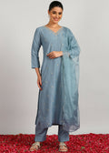 Aavyora Women's Sky Grey Embroidered Kurta Set with Dupatta | Grocsy