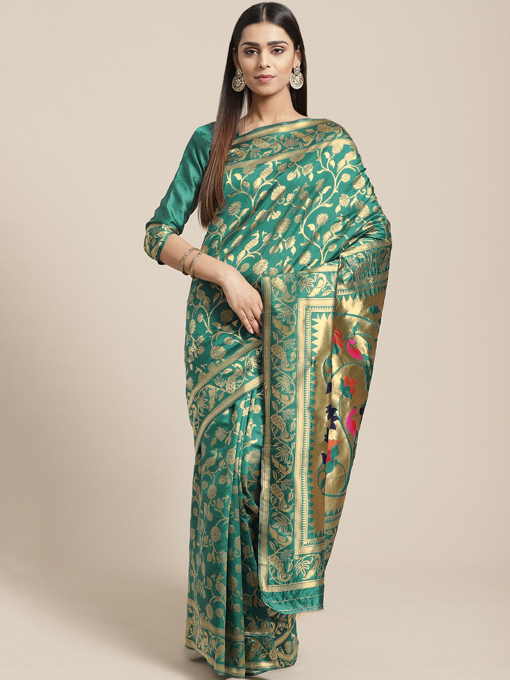Saree Mall Teal Green & Golden Woven Design Banarasi Saree | Grocsy