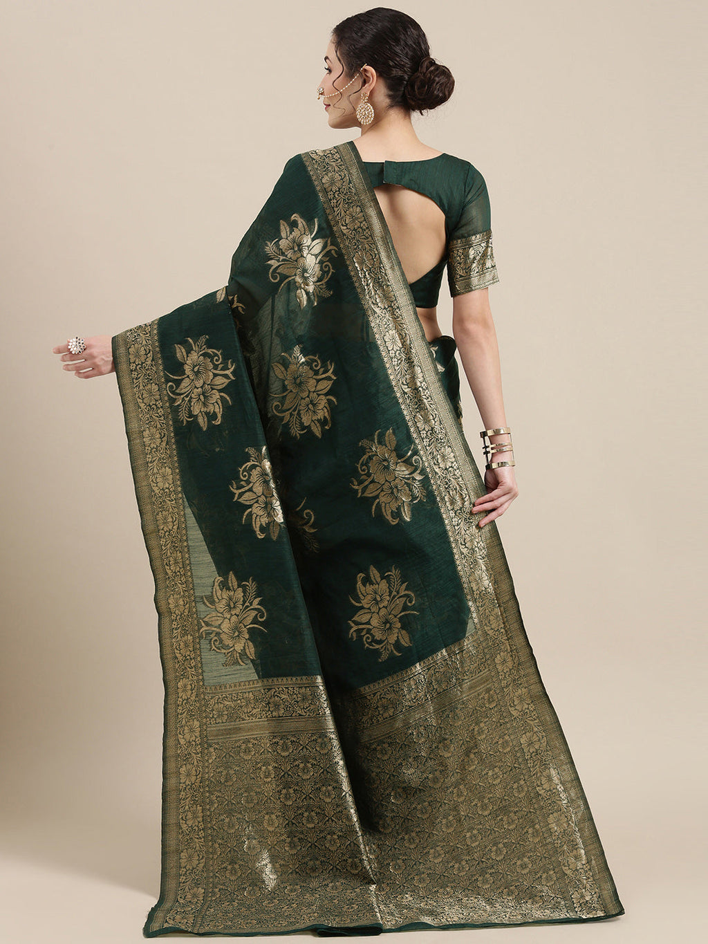 Saree Mall Green Floral Linen Blend Banarasi Saree | Grocsy