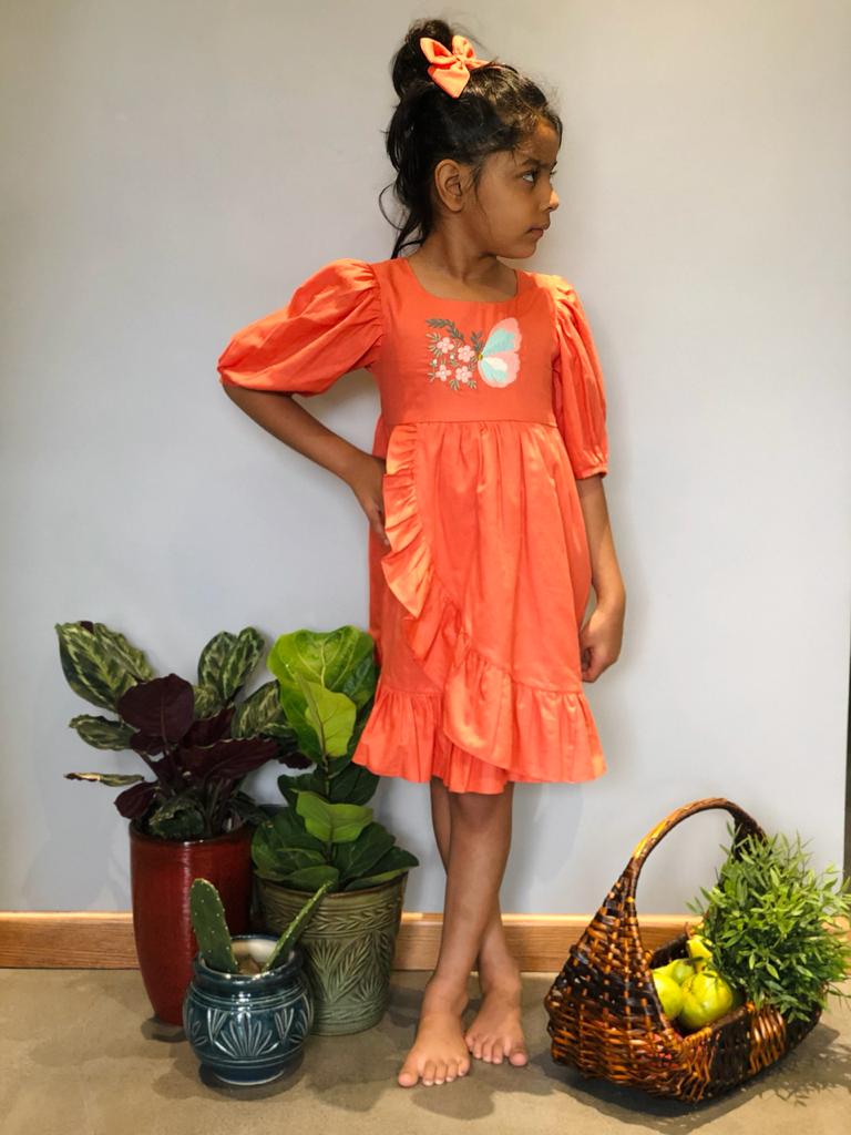 ArthLife Orange Butterfly Embroidered Dress | Grocsy