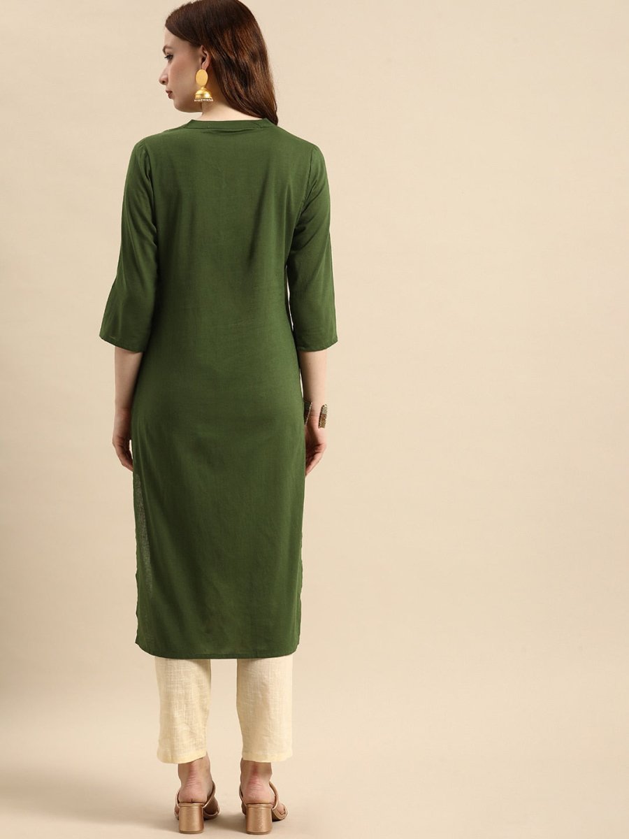 All About You Women Olive Green Geometric Yoke Design Pure Cotton Kurta | Grocsy