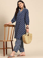 Sangria Blue & White Ethnic Motifs Printed V-Neck Pure Cotton A-Line Kurta With Salwar | Grocsy