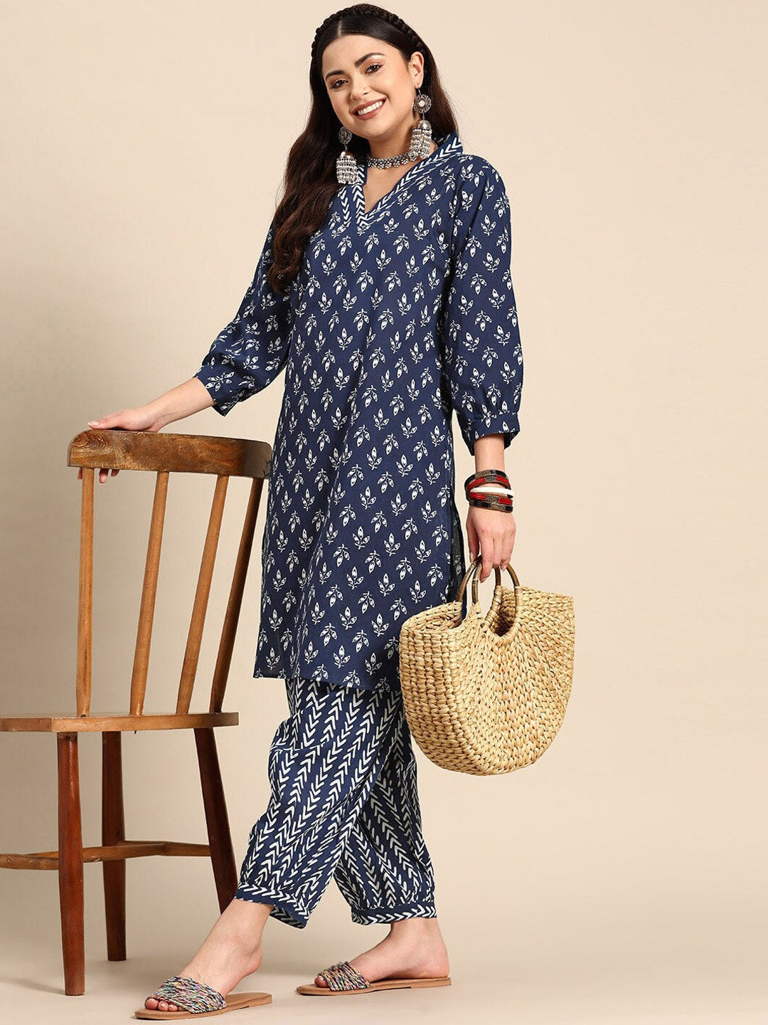 Sangria Blue & White Ethnic Motifs Printed V-Neck Pure Cotton A-Line Kurta With Salwar | Grocsy