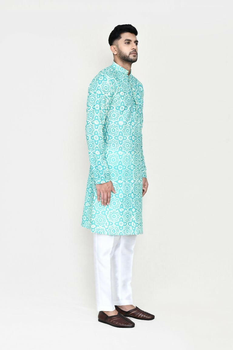 Joban Fashion Blue Colored Rayon Fabric Kurta With Straight Fit Pant | Grocsy