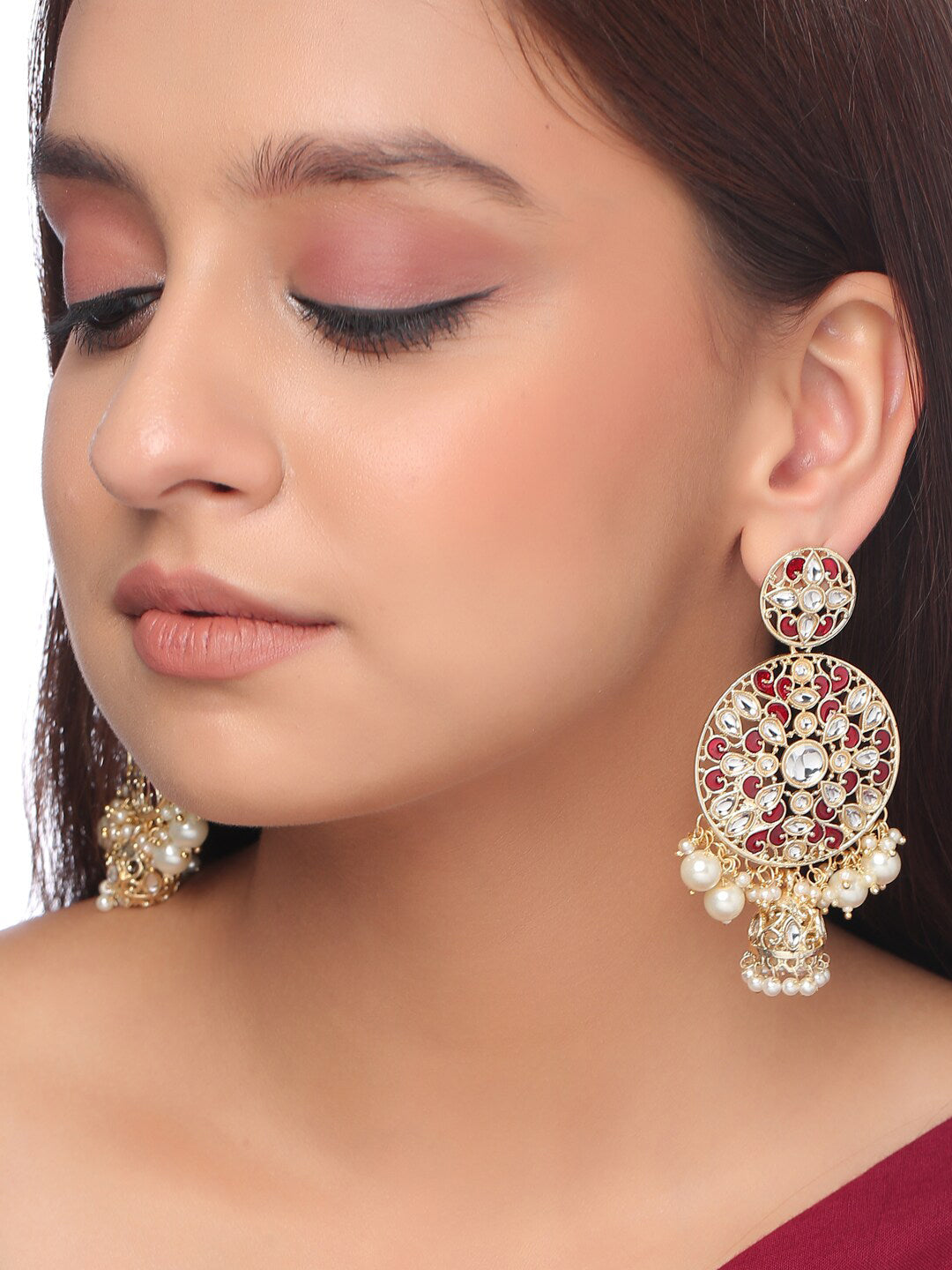 Shoshaa Maroon Contemporary Gold-Polished Kundan Drop Earrings With Jhumkas Earrings Sets | Grocsy