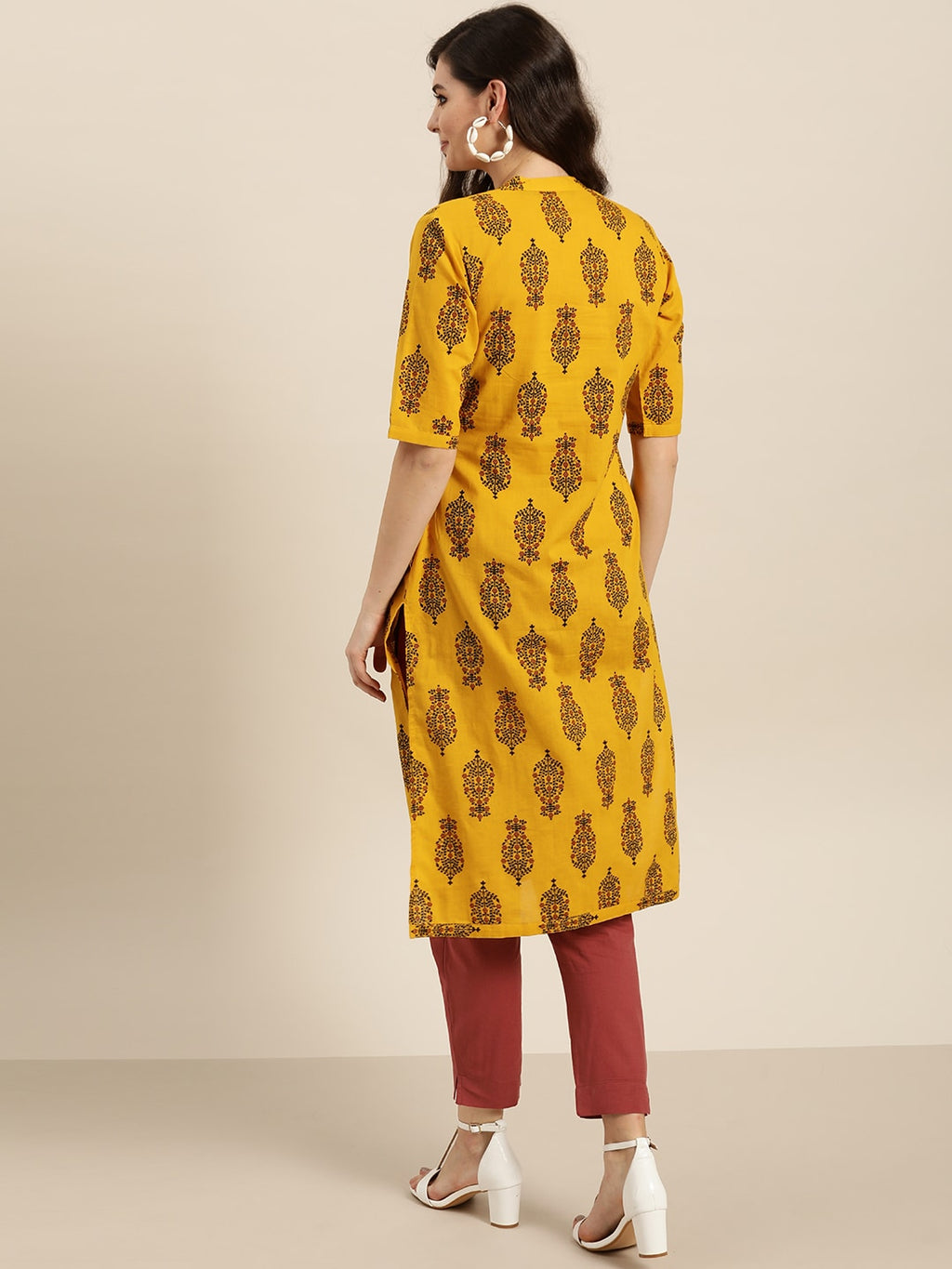 Sangria Women Mustard Yellow & Black Ethnic Motif Printed Kurta with Trousers | Grocsy