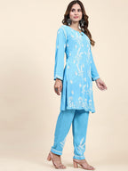 HOUSE OF KARI Floral Embroidered Chikankari Pure Cotton Straight Kurta With Trousers | Grocsy