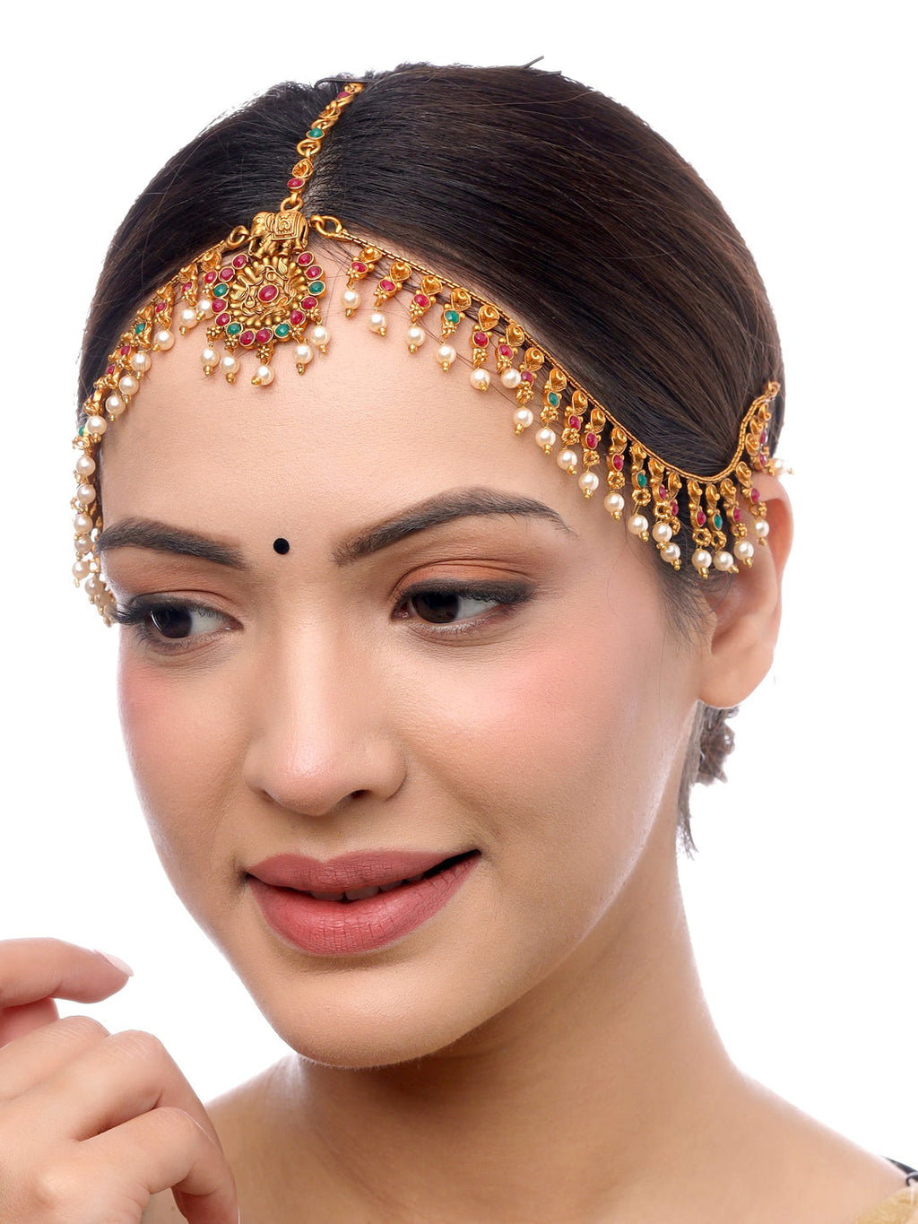 Yellow Chimes Women Gold-Polished,Maroon,Green White Pearl Hanging Bridal Mathapatti | Grocsy