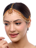 Yellow Chimes Women Gold-Polished,Maroon,Green White Pearl Hanging Bridal Mathapatti | Grocsy