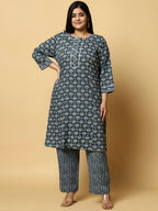 Sztori Plus Size Floral Printed Pure Cotton Straight Kurta With Trouser | Grocsy