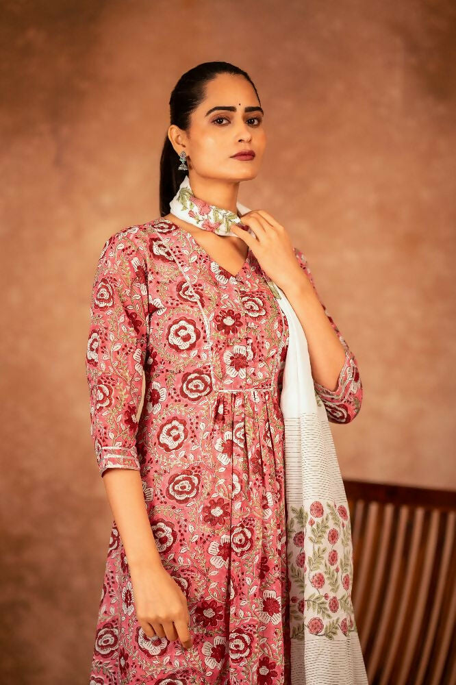 Joban Fashion Pink Hand Block Printed Cotton Suit Set | Grocsy