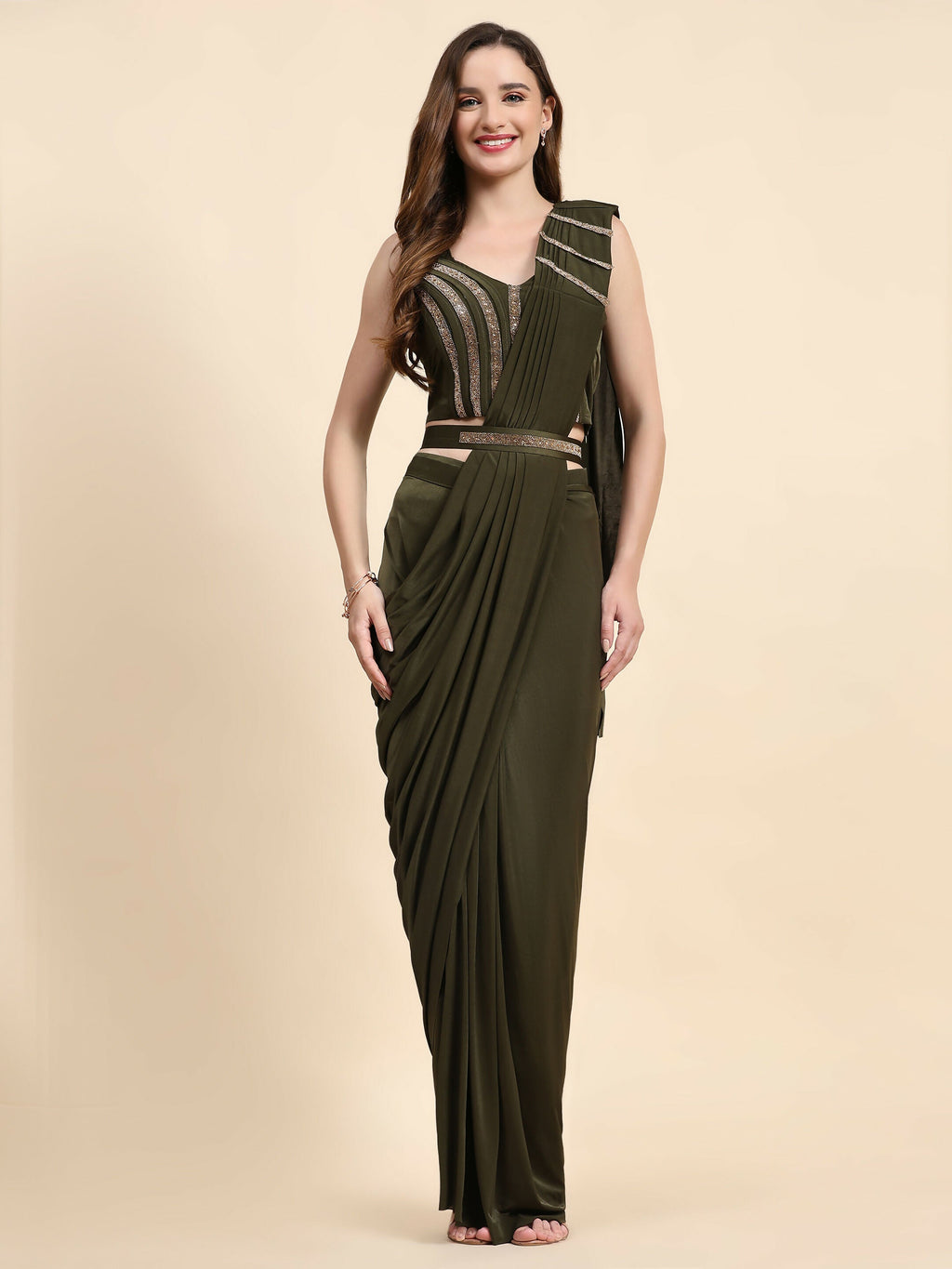 Green Polyester Solid Ready to Wear Saree with stitched Blouse - Nita | Grocsy