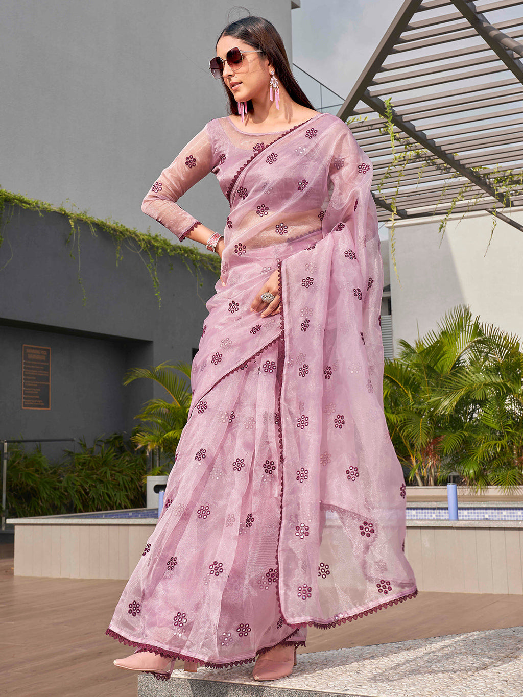 Tikhi Imli Ethnic Motifs Mirror Work Organza Saree | Grocsy