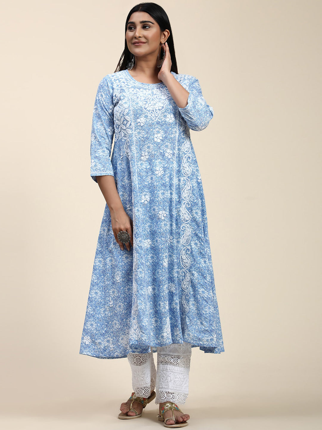 HOUSE OF KARI Floral Embroidered Chikankari Cotton Anarkali Kurta | Grocsy
