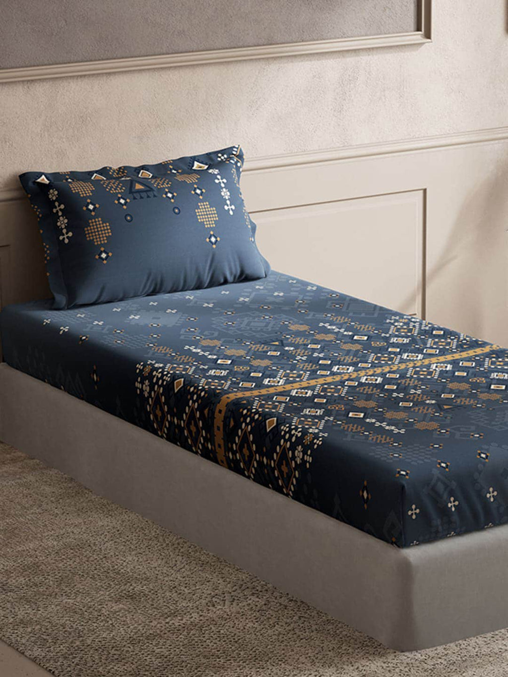 DDecor Blue & Brown Ethnic Motifs Cotton 150 TC Single Bedsheet with 1 Pillow Cover | Grocsy