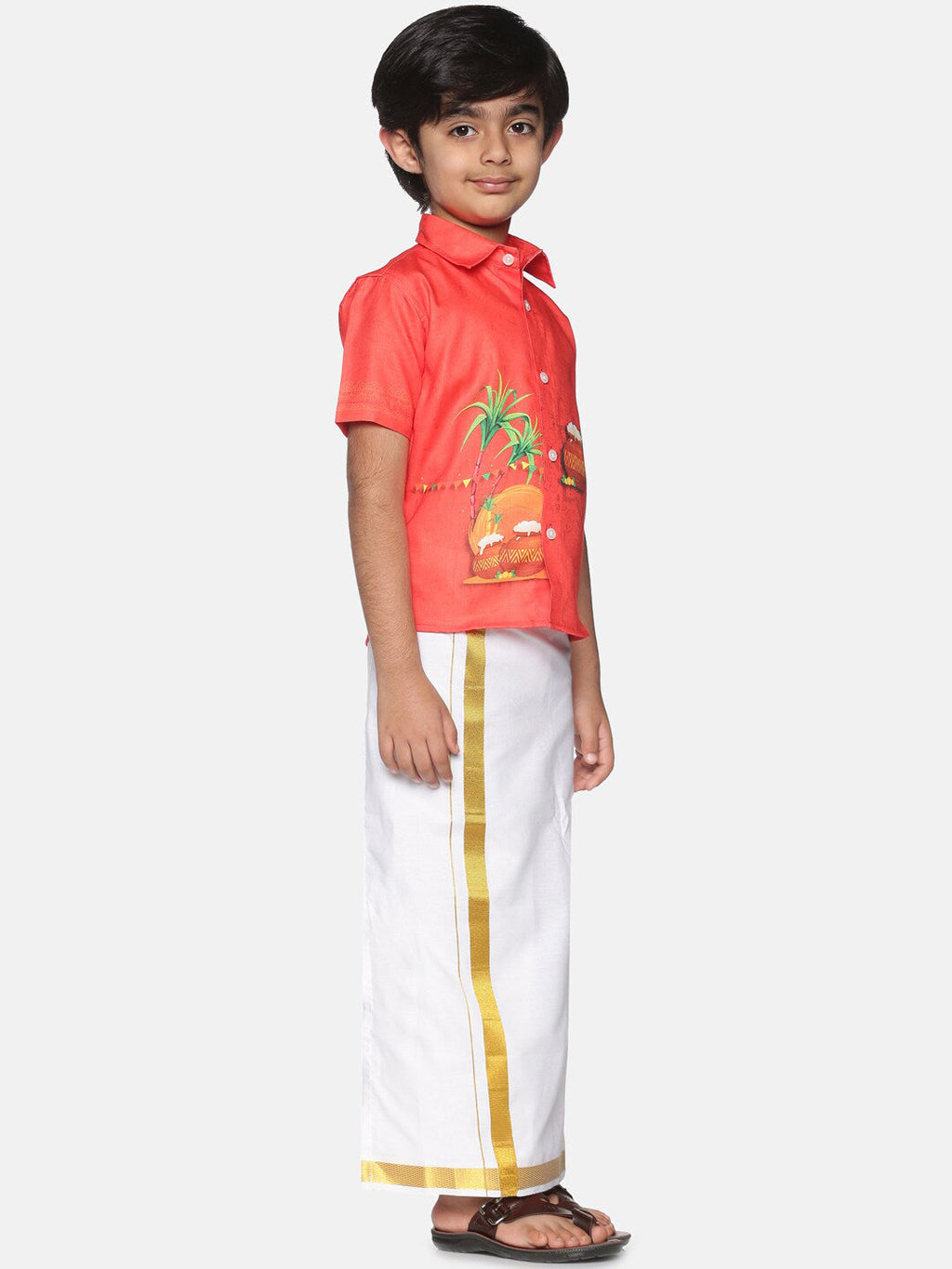 Sethukrishna Boys Red & White Printed Shirt with Dhoti | Grocsy