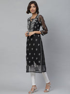 ADA Women Black & White Paisley Chikankari Embroidered Straight Handloom Kurta | Grocsy