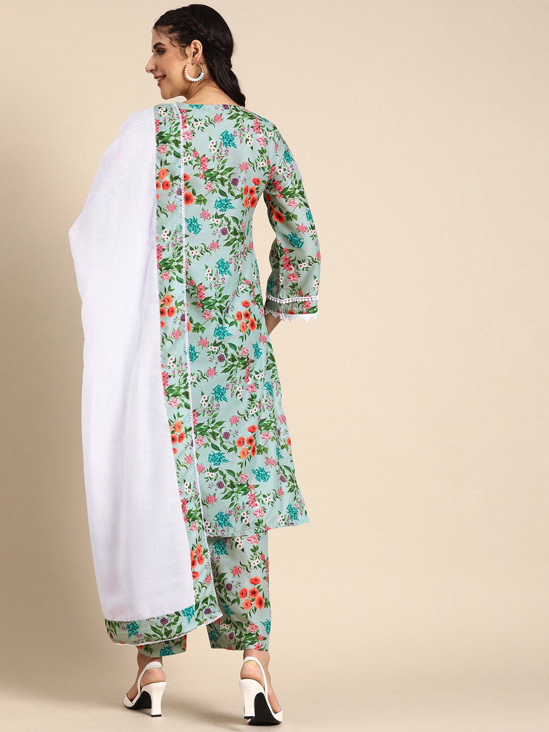 Sangria Women V-Neck Floral Printed Regular Kurta with Palazzos & With Dupatta | Grocsy