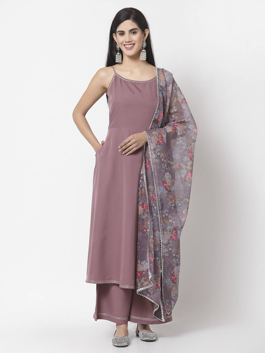 Myshka Women Mauve Silk Blend Solid Sleeveless Round Neck Neck Kurta Palazzo Dupatta Set | Grocsy
