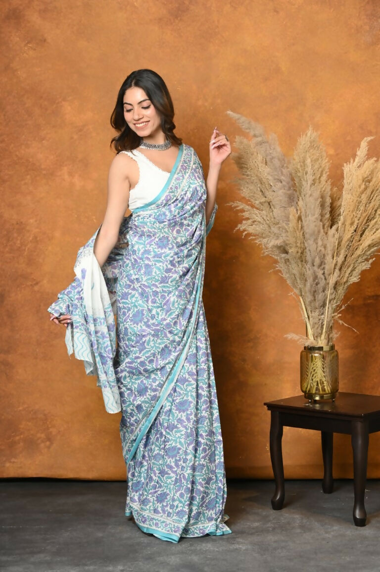 Very Much Indian Handblock Printed Cotton Saree With Natural Dyes - White | Grocsy