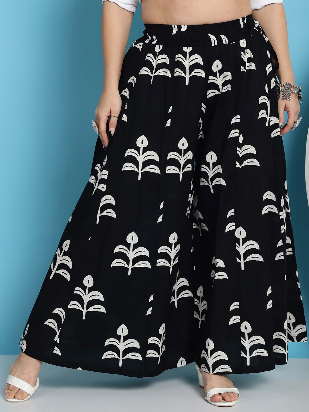 TAG 7 Floral Block Printed Flared Pure Cotton Ethnic Palazzos | Grocsy