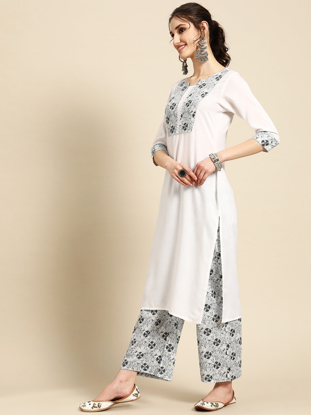 Sangria Floral Yoke Design Regular Gotta Patti Kurta with Palazzos | Grocsy