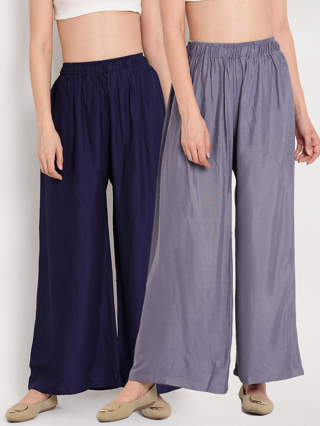 TAG 7 Women Grey & Navy Blue Set of 2 Flared Ethnic Palazzos | Grocsy