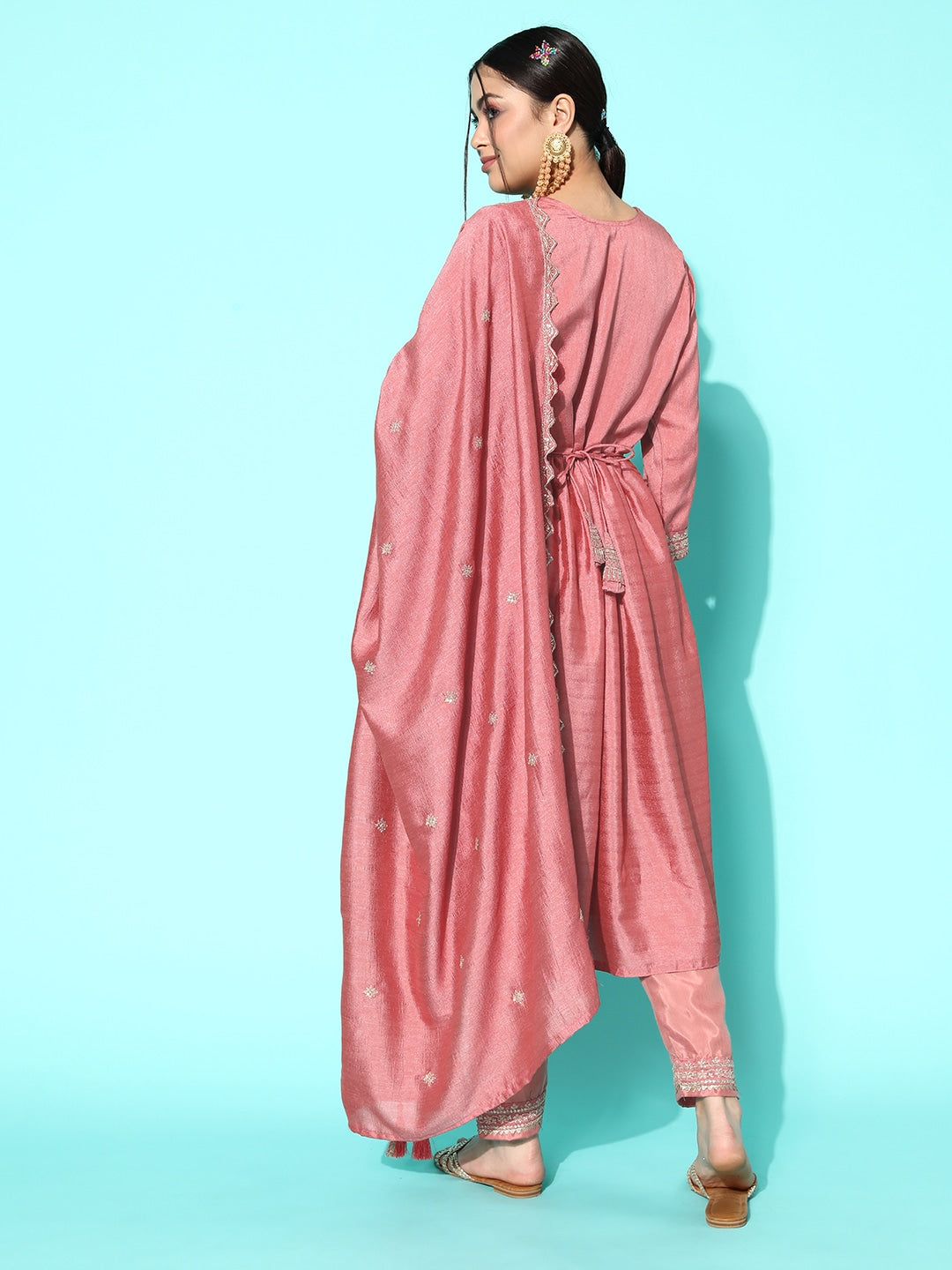 Sangria Floral Embroidered Regular Sequinned Kurta With Trousers & With Dupatta | Grocsy