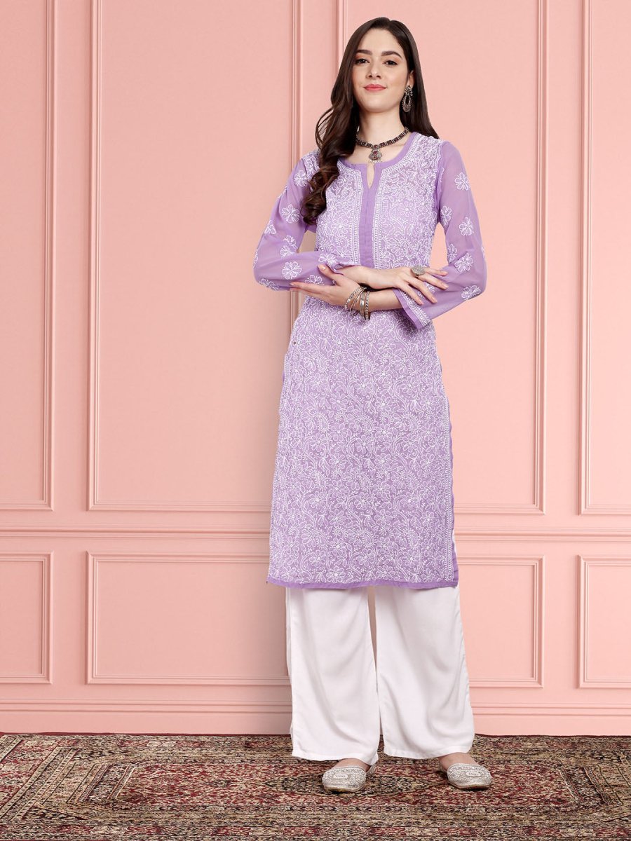 ADA Women Purple & White Ethnic Motifs Embroidered Chikankari Georgette Kurta | Grocsy