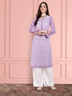 ADA Women Purple & White Ethnic Motifs Embroidered Chikankari Georgette Kurta | Grocsy