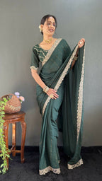 Vastranavya Sea Green Georgette Silk Swarovski & Heavy Lace Work Ready to Wear Saree | Grocsy