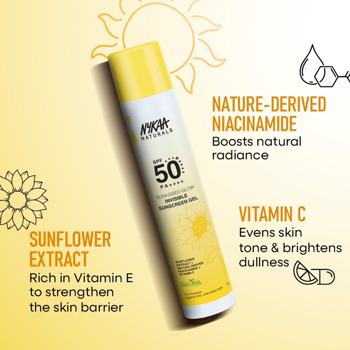 Nykaa Naturals SUNKISSED GLOW Invisible Sunscreen Gel SPF 50 PA++++ with Niacinamide and Vitamin C | Grocsy