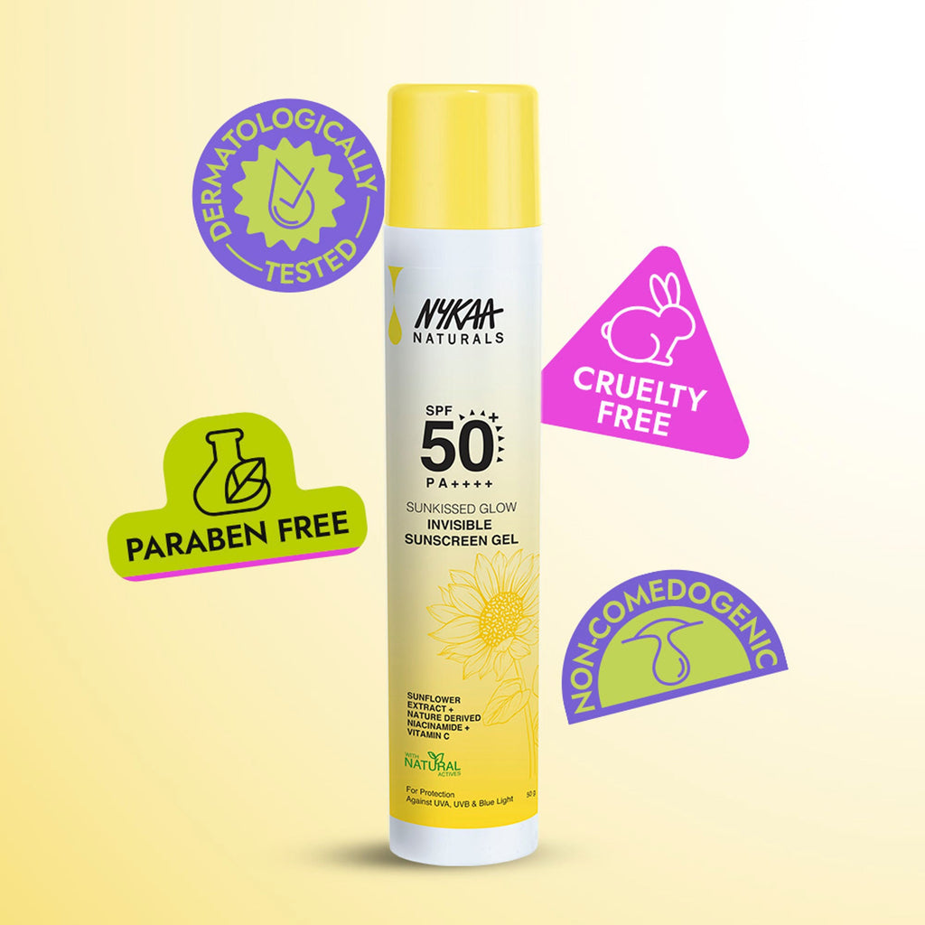 Nykaa Naturals SUNKISSED GLOW Invisible Sunscreen Gel SPF 50 PA++++ with Niacinamide and Vitamin C | Grocsy