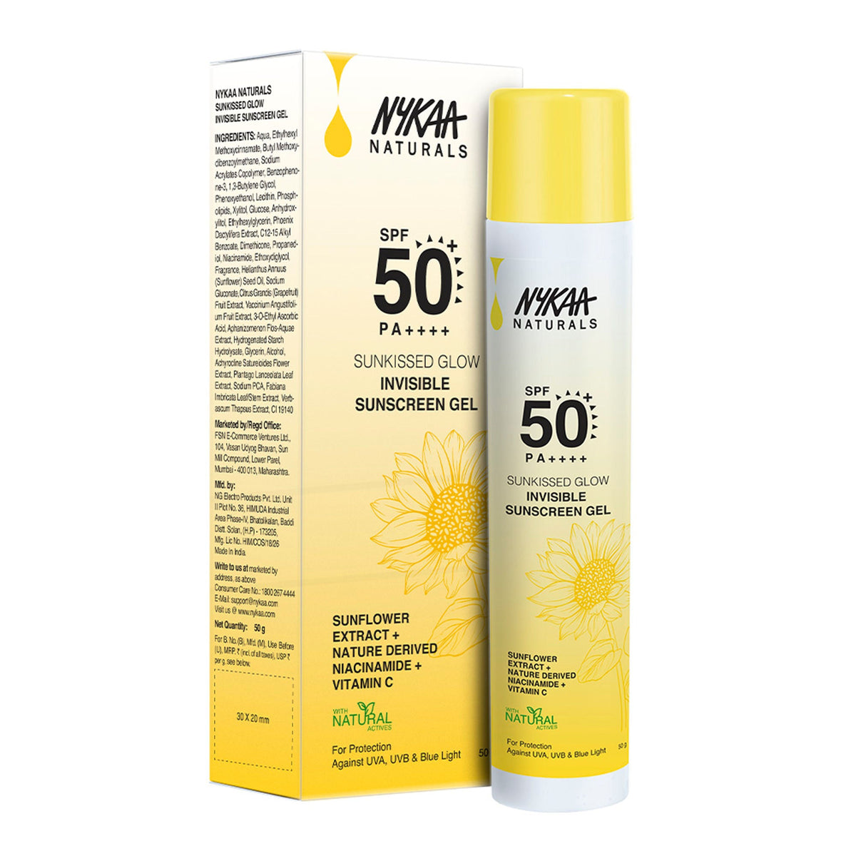 Nykaa Naturals SUNKISSED GLOW Invisible Sunscreen Gel SPF 50 PA++++ with Niacinamide and Vitamin C | Grocsy