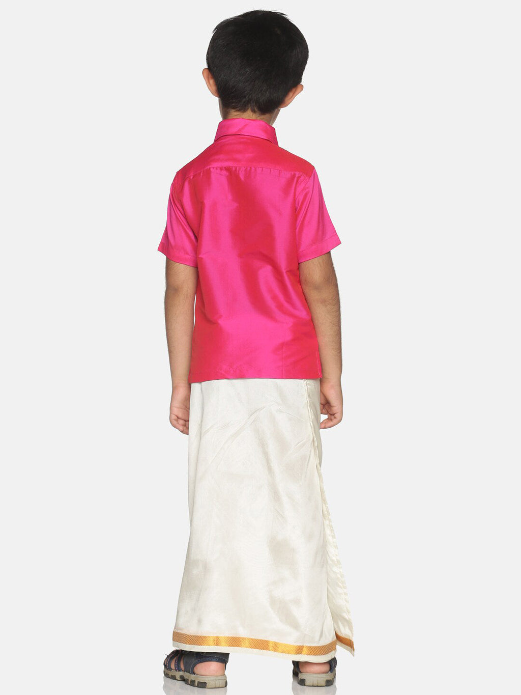 Sethukrishna Boys Pink & Cream-Coloured Solid Shirt and Veshti Set | Grocsy