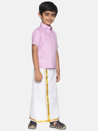 Sethukrishna Boys Pink & White Pure Cotton Shirt with Dhotis | Grocsy