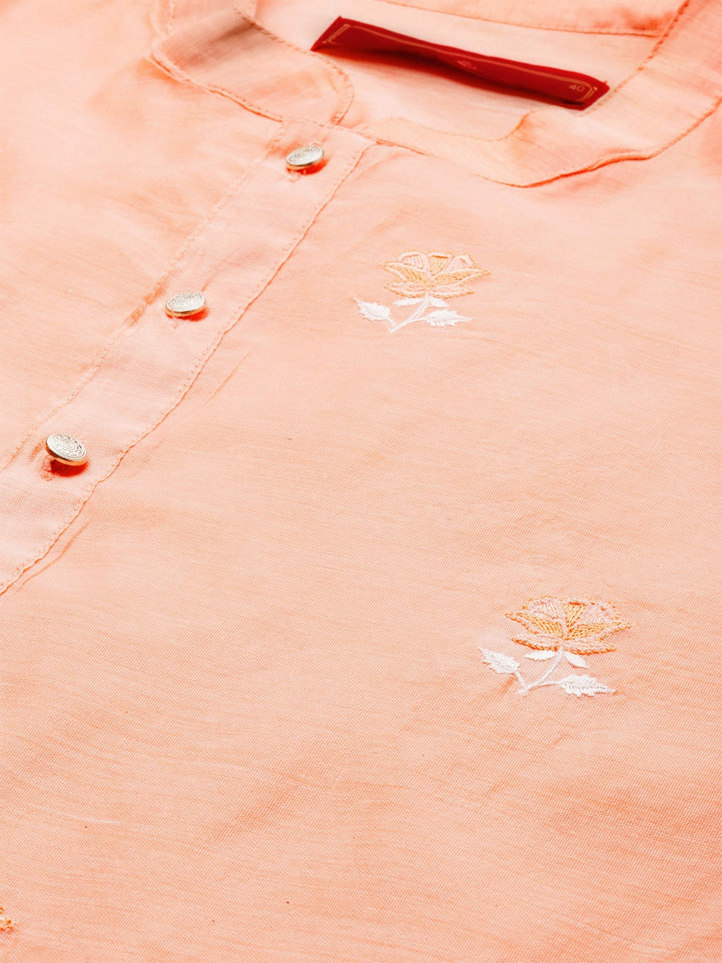 House of Pataudi Men Peach-Coloured Floral Embroidered A-Line Kurta | Grocsy