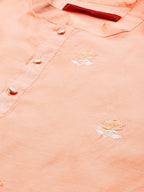 House of Pataudi Men Peach-Coloured Floral Embroidered A-Line Kurta | Grocsy