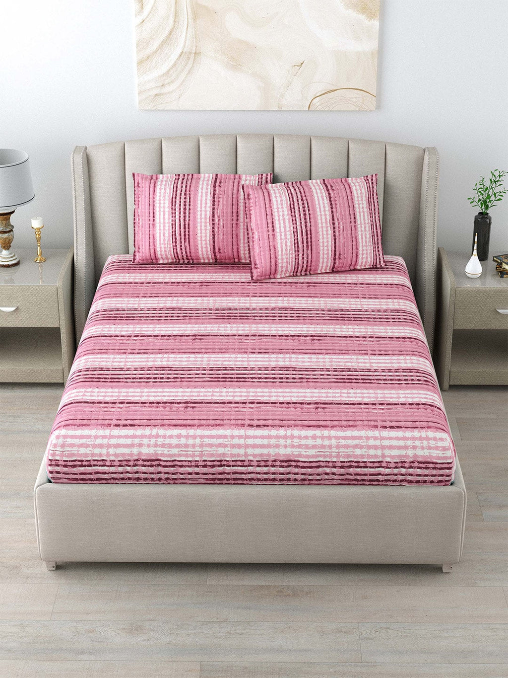 DREAM WEAVERZ Pink Striped Pure Cotton 220 TC King Bedsheet With 2 Pillow Covers | Grocsy