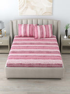 DREAM WEAVERZ Pink Striped Pure Cotton 220 TC King Bedsheet With 2 Pillow Covers | Grocsy