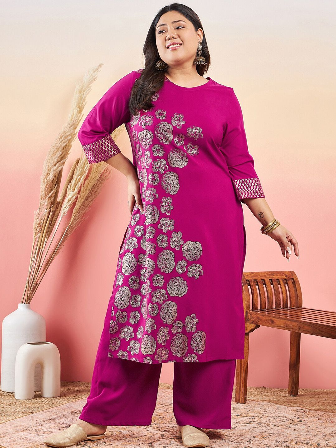 Sztori Floral Printed Round Neck Straight Kurta With Palazzo | Grocsy