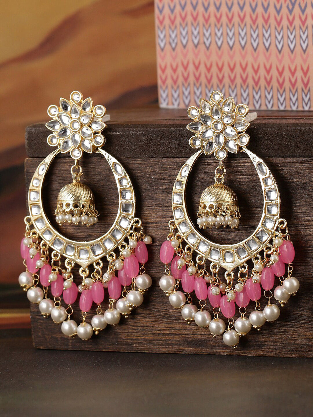 Shoshaa Pink & Gold-Toned Contemporary Kundan Drop Earrings With Pearls | Grocsy