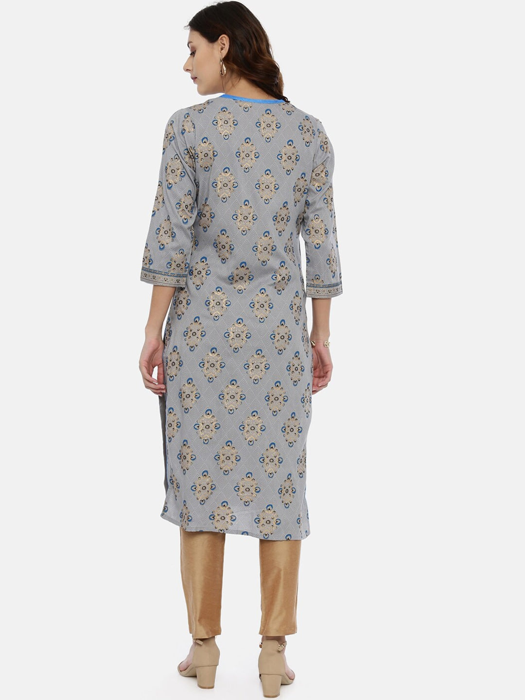 Souchii Grey & Gold Printed Straight Kurta | Grocsy