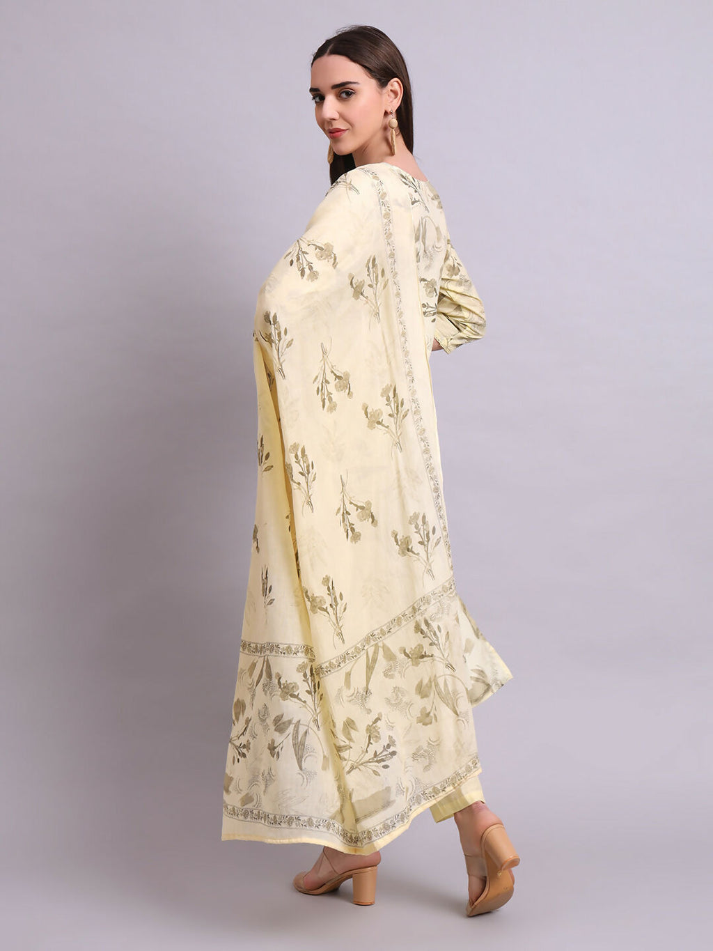 Joban Fashion Beige Cotton Floral Printed & Embroidery Work Kurta With Trousers & Dupatta Set | Grocsy